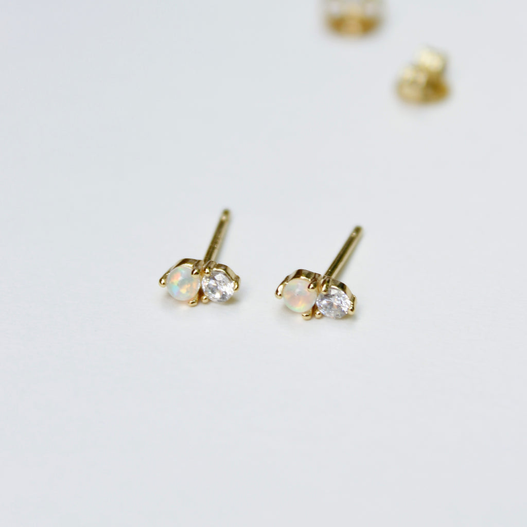 Tiny Double Stone Stud Earrings | Opal Earrings P&K Gold/White  