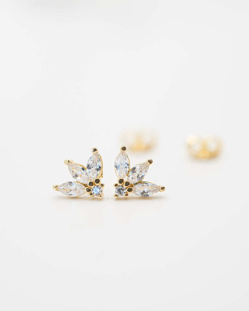 Adina Petal Studs Earrings Jewelry Design Group White CZ Yellow Gold Plated 