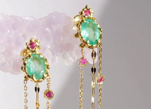 Elizabeth Earrings | 18K Emerald & Pink Sapphire Earrings nam fine jewelry   