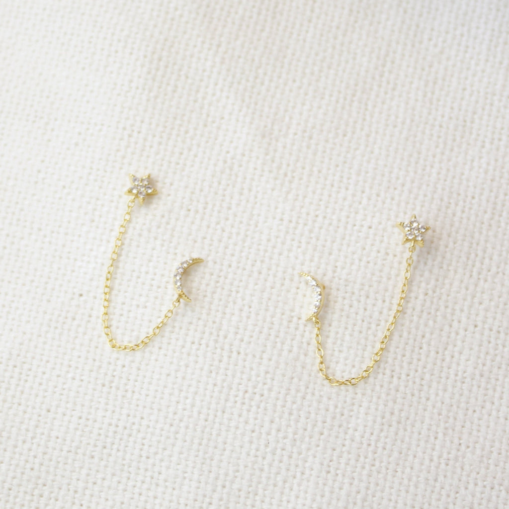 Tiny Moon and Star Chain Stud Earrings Earrings P&K   