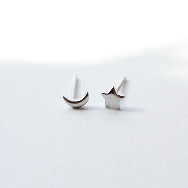 Tiny Moon And Star Stud Earrings Earrings P&K Silver  